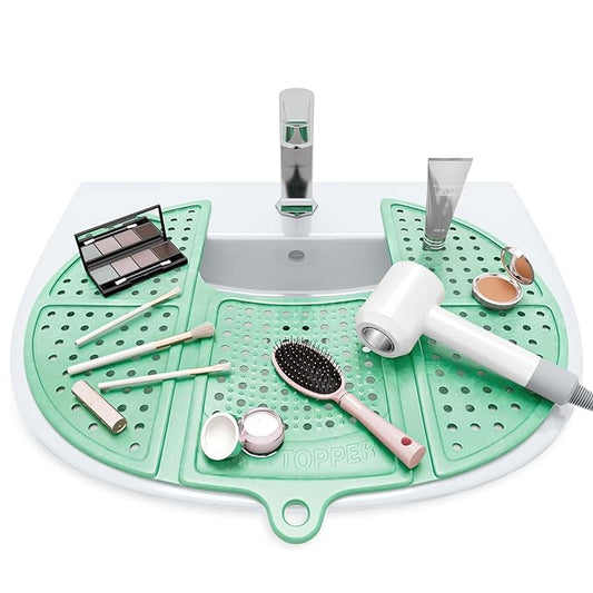 Sink Topper Bathroom Counter Cover & Storage Saver, Foldable Silicone Mat for Hot Tools, Hair Styling & Makeup, Beauty Brush Cleaning Mat, RV Camper Sink Cover & for Small Spaces (Standard Green)