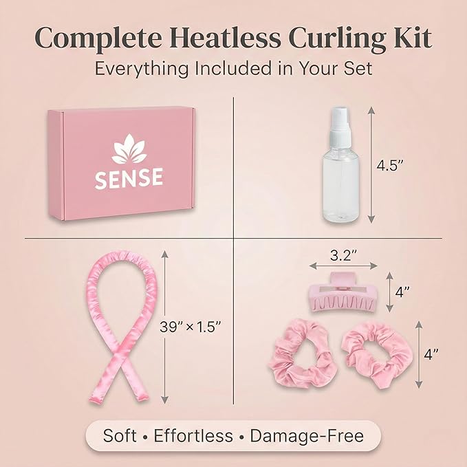 Satin Heatless Curling Kit, 39" Rod – No Heat Overnight Curls for Frizz-Free Waves – Comfortable Set w/ 2 Scrunchies, Claw Clip for All Hair Types (Pink)