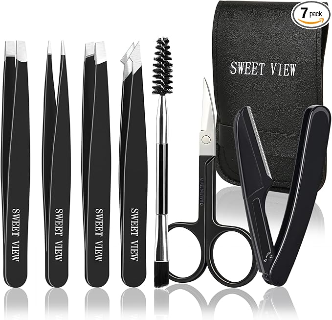SWEET VIEW 7pcs Eyebrow Tweezers Kit for Women Precision Plucker with Brow Scissors & Razor & Spoolie for Facial, Chin, Brow, Splinter and Ingrown Hair