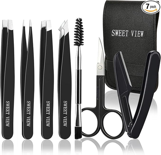 SWEET VIEW 7pcs Eyebrow Tweezers Kit for Women Precision Plucker with Brow Scissors & Razor & Spoolie for Facial, Chin, Brow, Splinter and Ingrown Hair