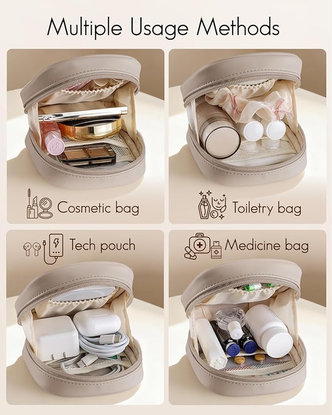 Vlando Mini Makeup Bag, Small Makeup Bag for Purse with Slip-in Pockets, Portable Travel Toiletry Bag with Zipper, Waterproof Make up Organizer Case for Women - Toffee
