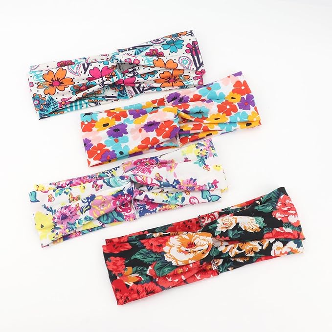 DRESHOW 4 Pack Boho Non-Slip Headbands for Women Girls Yoga Workout Running Knotted Turban Floral Elastic Head Wrap