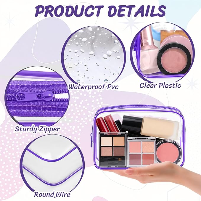 Clear Cosmetic Bag Transparent Makeup Bag for Women Men Waterproof Travel Makeup Clear Toiletry Organizer Cosmetic Storage Pouch Case with Zipper (12, Purple, Medium)