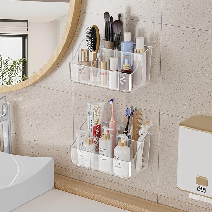 2-Pack Clear Wall-Mounted Toothbrush Holders for Bathroom Organizers and Storage, Tooth Brush & Toothpaste Holder for Countertop or Wall
