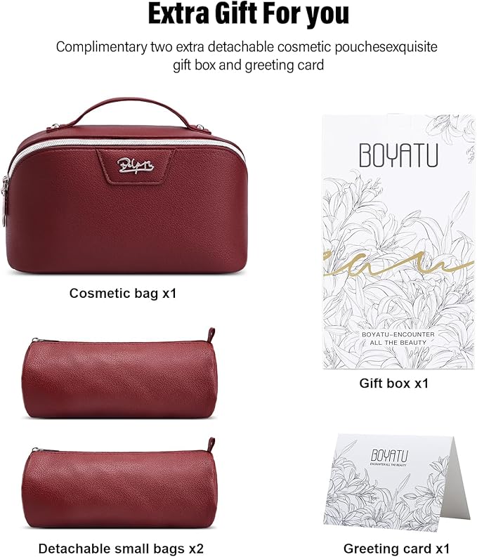 BOYATU Travel Makeup Bag Cosmetic Bags for Women: Large Capacity 3 Pcs Set Make up Bag with Compartments - Waterproof Vegan Leather Toiletry Organizer Bags with Handle (N-70Red)