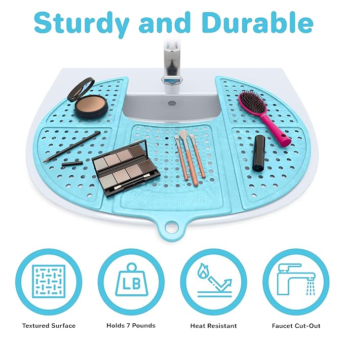 Sink Topper Bathroom Sink Cover for Counter Space & Storage Saver | RV Must Haves | Silicone Foldable Beauty Makeup Brush Cleaning Mat | Hot Tools Organizer | RV Sink Cover | Standard, Pacific Blue