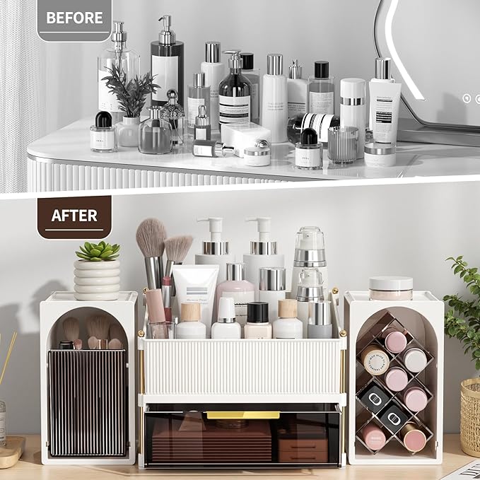Seoneiro Makeup Organizer with Drawers, Cosmetic Storage for Dresser Countertop and Bathroom Vanity, Beauty Holder for Lipstick Brush Skincare Display case (Milky White + Dark Brown)