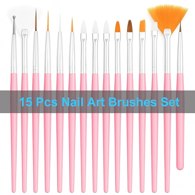 Nail Art Tools Set – 15pcs Pink Nail Art Brushes, 5pcs Dual-Ended Dotting Pens, 10 Nail Stands with 2 Bases, Nail Art Palette, Double-Sided Tape & Adhesive Tabs for DIY Nail Design