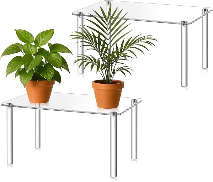 2 Pcs Extra Large 6mm Thick Acrylic Rectangular 4-leg Display Risers, Acrylic Plant Stand, Clear Shelf Riser Display Stands for Decor Collectibles Figures (16×10×8in)