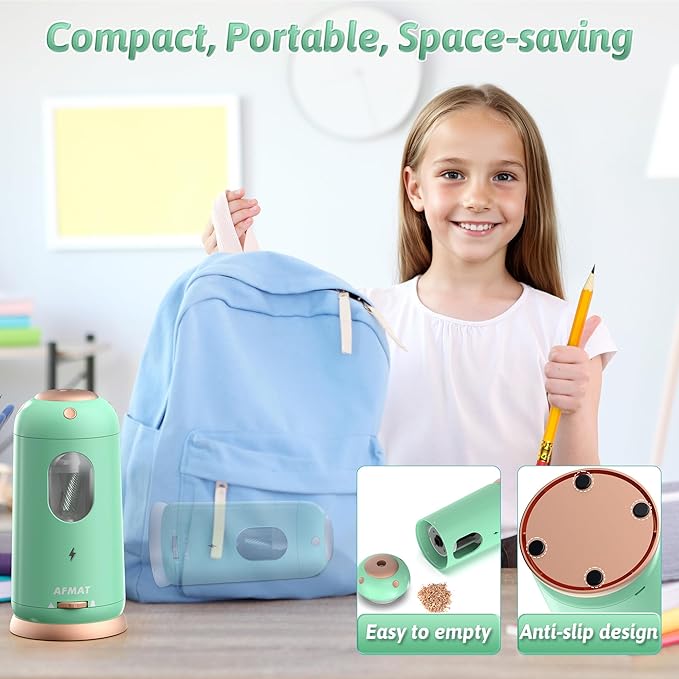 AFMAT Electric Pencil Sharpener, Auto in & Out, Fully Automatic Pencil Sharpener, Rechargeable Hands-Free Sharpeners for Jumbo & Colored Pencils (7-11.5mm), Good for Classroom/Home PSC8(Light Green)