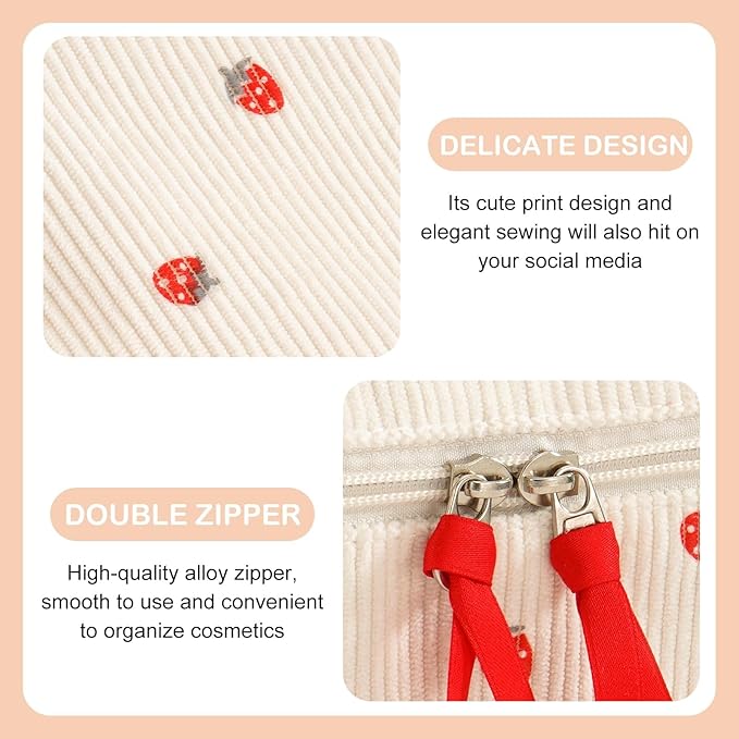 Makeup Bag for Women Quilted Corduroy Make Up Bag Travel Cosmetic Bag Large Makeup Bag Cute Makeup Bags Organizer Toiletry Bag Makeup Pouch for Purse, Mini Strawberry
