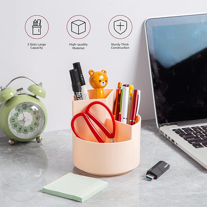 Desk Pencil Pen Holder, 3 Slots 360-Degree Spinning Organizers, Desktop Storage Stationery Supplies, Cute Cup Pot for Office, School, Art Supply, Kids - Pink