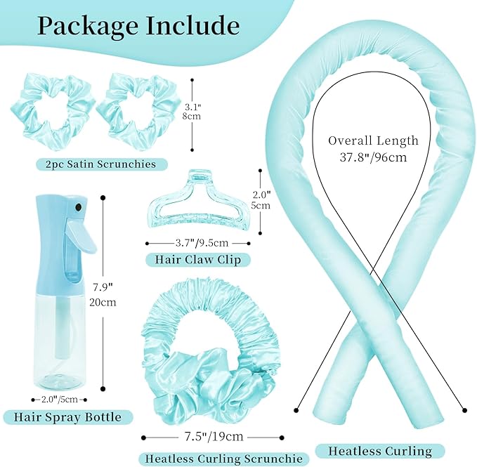 Heatless Hair Curler and Curling Scrunchie Set, Heatless Curls Overnight, Heatless Curling Rod With Spray Bottle, Overnight Blowout Rods, No Smell, No Heat Wave Curlers for All Hair Types (Blue)