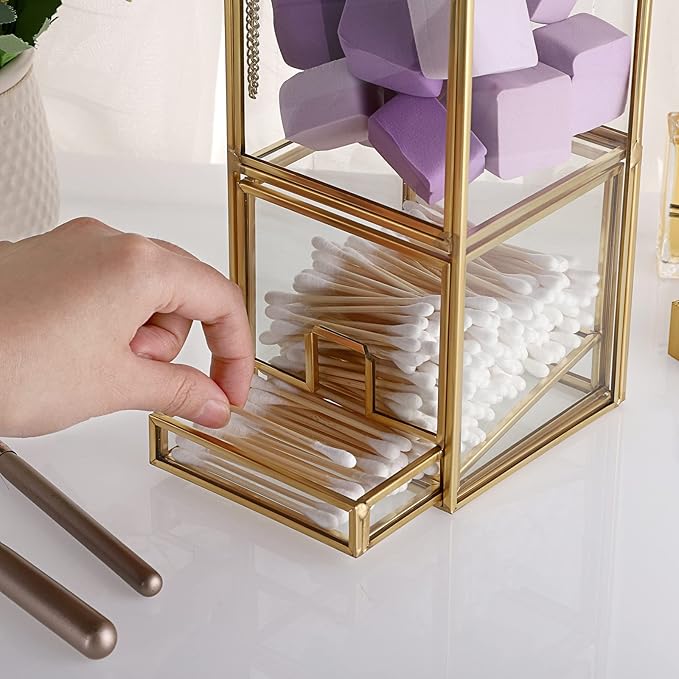 Hipiwe Gold Glass Qtip Holder with Lid 2 Compartments Cotton Balls Swab Organizer Cotton Round Pads Holder Makeup Pad Cosmetic Storage Case Q-tip Dispenser for Dresser Countertop