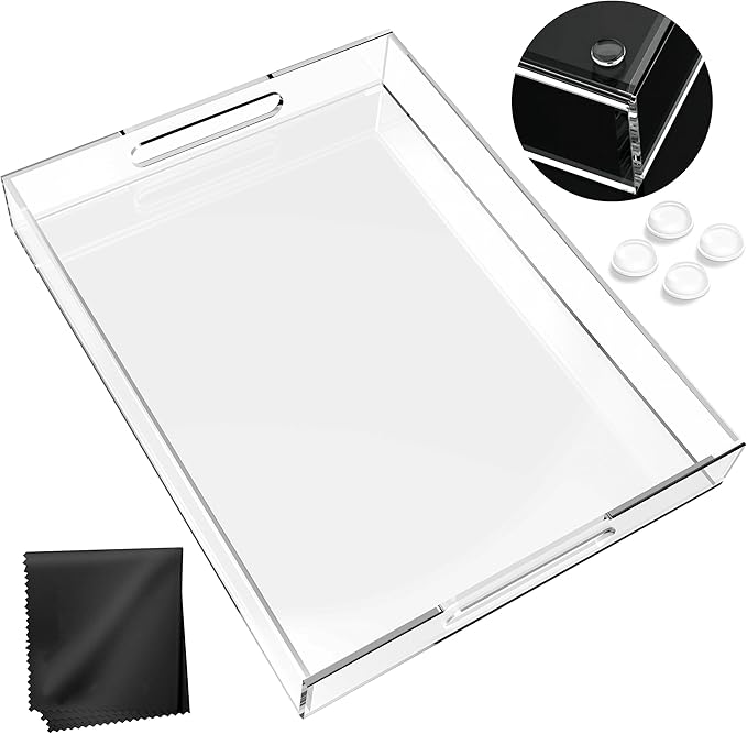 Acrylic Tray 16x12 with Cut Handles - Spill Proof Decorative Tray is an Ideal Countertop Organizer for Living Rooms, Ottoman Coffee Tables, Offices, Kitchens & Serving Guests