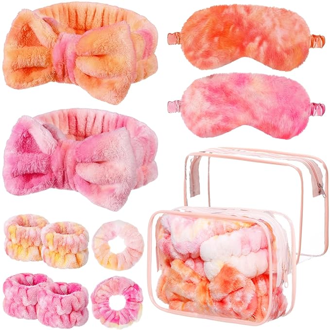 Hoteam 10 Pcs Galentine Spa Party Supplies Valentine Gift Set Sleepover Party Favor Spa Headband Wristband Sleep Eye Mask Velvet Scrunchies for Skin Care Makeup Slumber Night Favor(Tie Dye Orange)