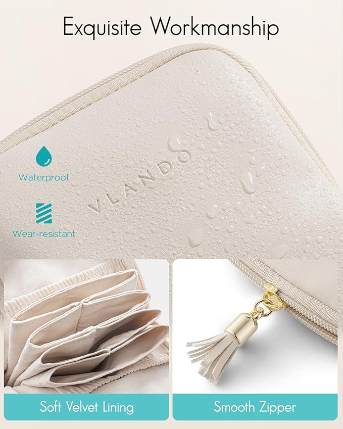 VLANDO Small Travel Jewelry Case,Wedding Gifts for Women,Jewelry Pouch Bags with Zipper,Velvet Jewelry Organizer Storage Bag for Bracelet Rings Earring-Cream White