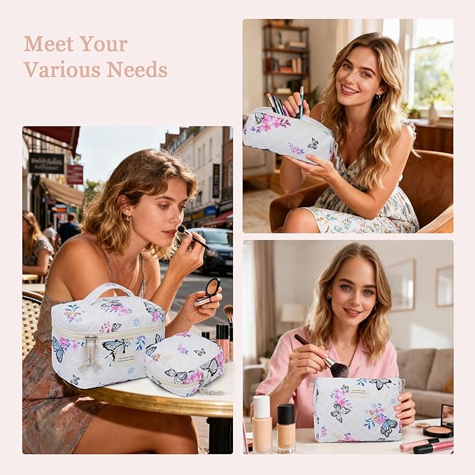 VIWIME Makeup Cosmetic Bag, Large Cotton Quilted Travel Coquette Aesthetic Cute Floral Make up Bag for Women Toiletry Bag Organizer (301-BlackButterfly)