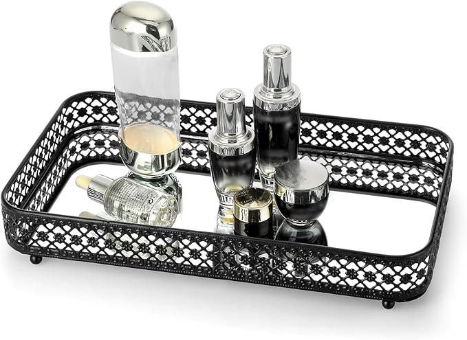 ELLDOO Black Perfume & Makeup Vanity Tray - Hollow-Carved Jewelry Storage, Glass & Metal Trinket Organizer for Dresser & Bathroom Countertop, Large Size