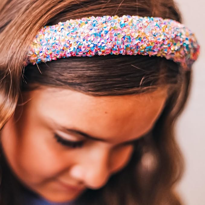 FROG SAC Sequin Headband for Girls, Sparkly Puffy Hair Band for Kids, Padded Toddler Head Bands, Sparkle Girl Hair Accessories (Rainbow, Child)