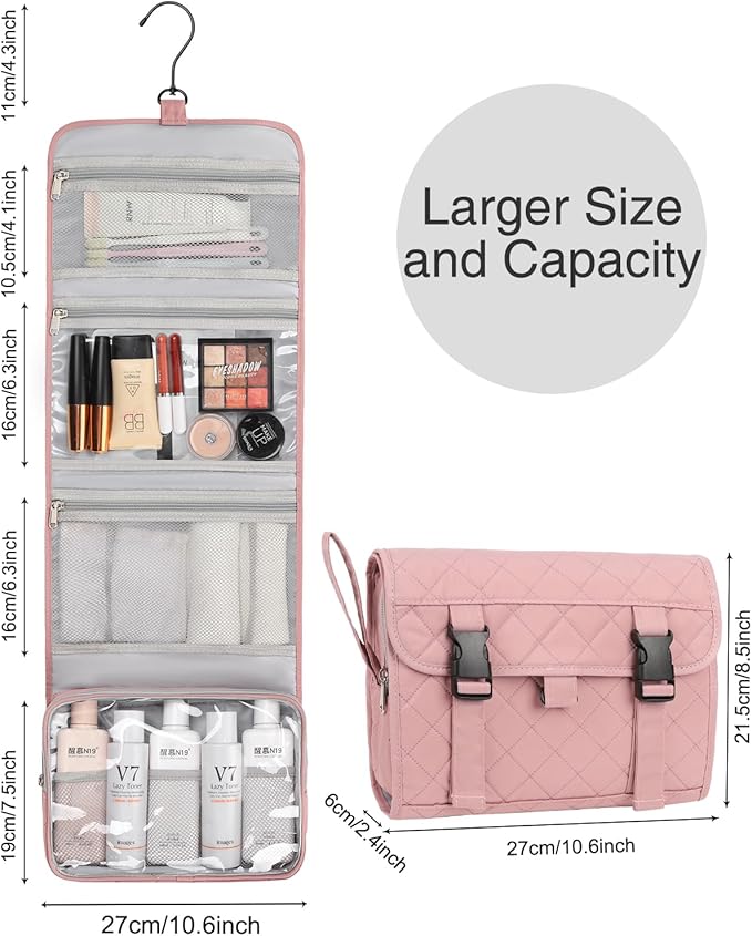 Relavel Travel Hanging Toiletry Bag, Travel Kit Shaving Bagfor Men Women, Waterproof Makeup Bag, Large Wash Bag Makeup Organizer, Toiletries Case for Bathroom Nude Pink