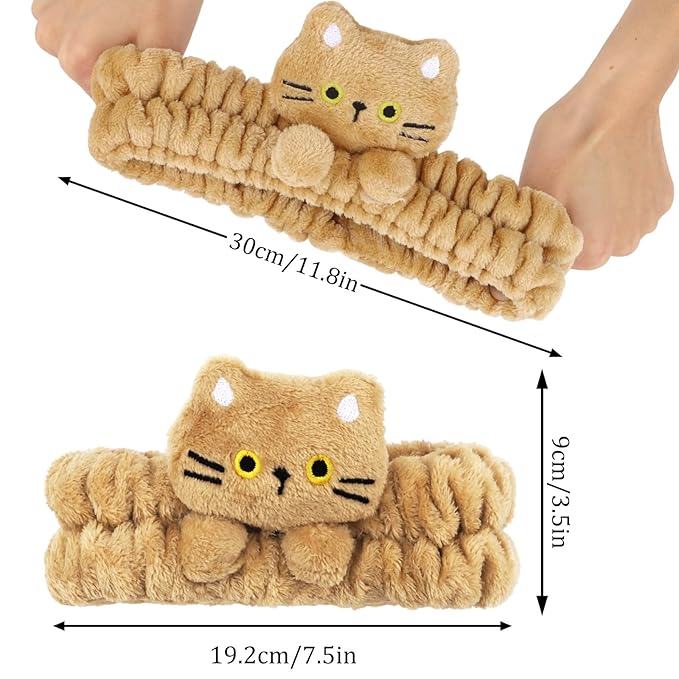 3 PCS Spa Headbands for Women & Girls Cute Hair Band for Washing Face Skincare Makeup Headband for Woman Fluffy Cat Facial Headband Spa Day Essentials (Black White Khaki)