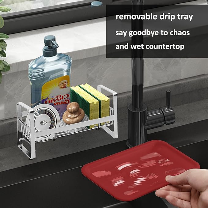 2 Pack Kitchen Sponge Holder - Kitchen Sink Organizer - Sink Caddy - Sink Tray - Soap Holder - Stainless Steel,Silver+Red 2PCS