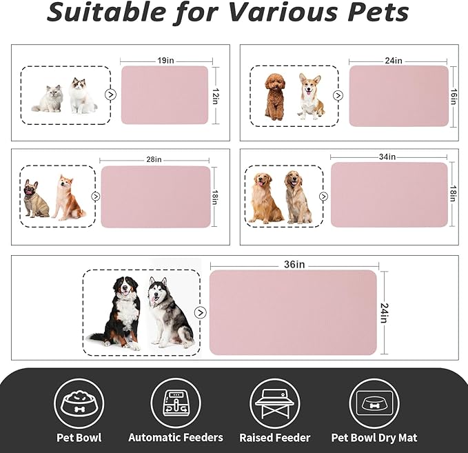 Dog Food Mat - Absorbent Cat Mat for Food and Water, No Stains Pet Feeding Bowl Mat, Easy to Clean Pet Placemats, Quick Dry Dog Water Dispenser Mat for Messy Drinkers | Pink 24"x36"