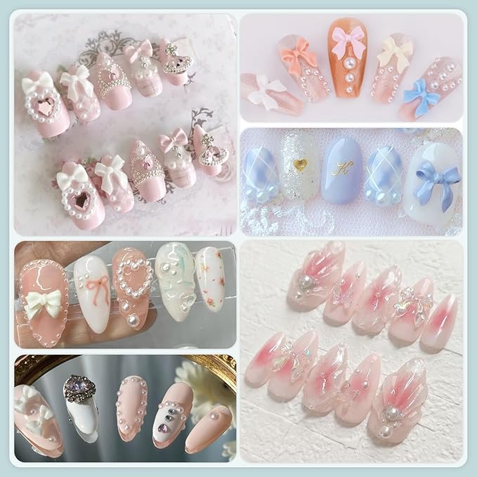 600 Pcs 3D Nail Charms and Flatback Pearls Set 7, 4 Colors Nail Bows Charm + Pink&White Star Heart Moon Cute Nail Jewels + 2-4mm White Nail Pearls for Nail Art DIY Decoration with Pickup Tools