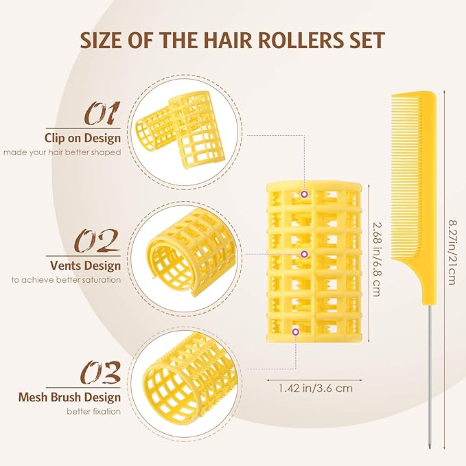 Syhood 12 Pcs Plastic Hair Rollers for Women Large Size Curlers Set Snap Roller Clips with Rat Tail Comb for Long Medium Short Hair Bangs, Salon Hairdressing Styling Tool (2.6 x 1.4 Inch,Yellow)