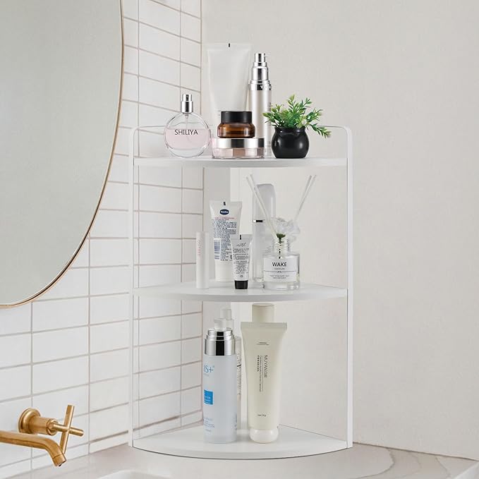 3 Tier Corner Bathroom Counter Organizer, Countertop Organizer, Vanity Organizers, Bathroom Storage Sink Shelf, Wooden Metal Counter Shelf, Perfume Organizer for Makeup Tray (Large Capacity-White)