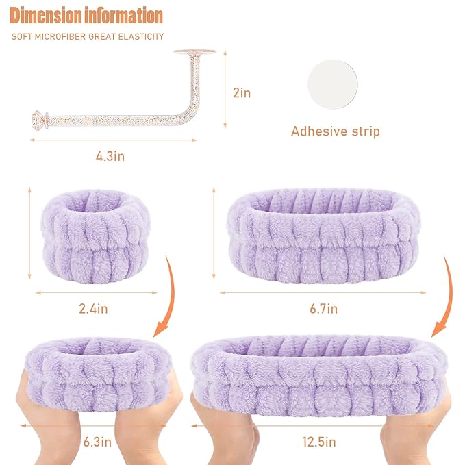 Face Wash Headband and Wristband Set of 2, Purple and Yellow, Microfiber, One Size, with Holder for Washing Face, Absorbent Spa Wristbands