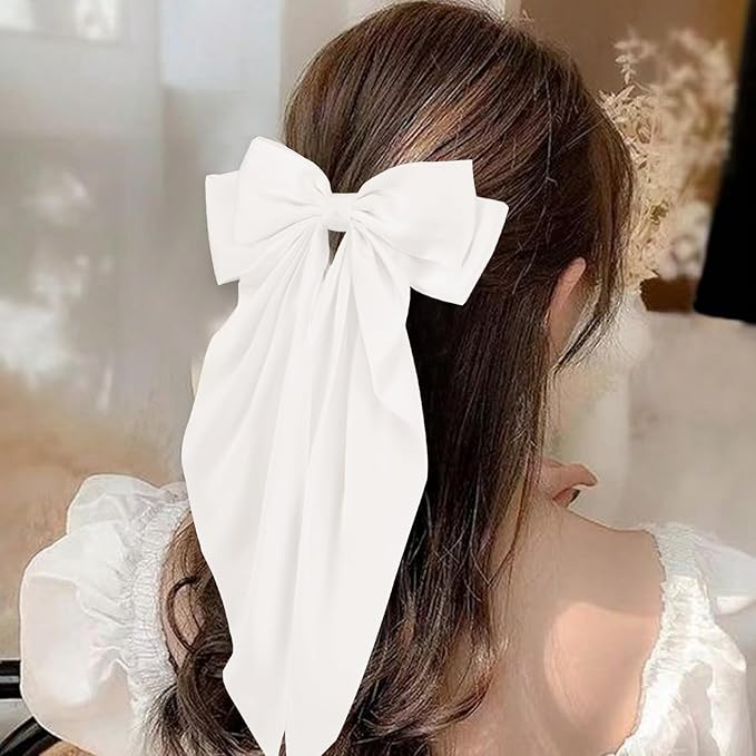Hair Bows for Women, 6 PCS Silky Satin Hair Clips, Large Bow Hair Barrettes, Oversized Long Tail, Pink Color, Metal Bow Hair Clips, Aesthetic Hair Accessories