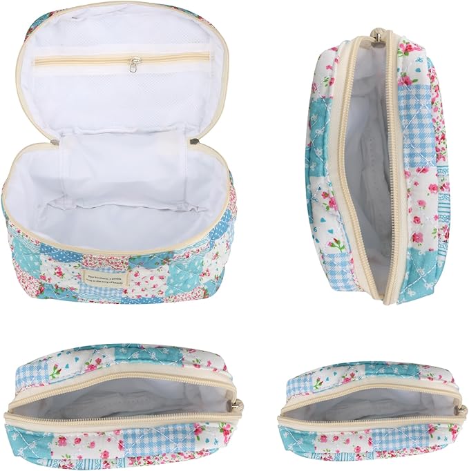 VIWIME Makeup Cosmetic Bag, Large Cotton Quilted Travel Coquette Aesthetic Cute Floral Make up Bag for Women Toiletry Bag Organizer (204- Gird Rose / 4Pcs)