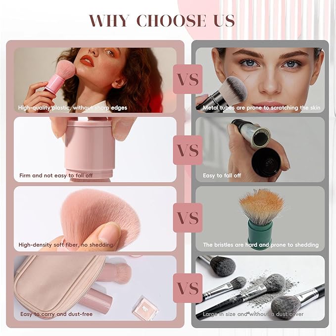 Retractable Makeup Brush, Kabuki Powder brush, Premium Retractable Kabuki Brush, Travel Blush Brush for Bronzer, Setting and Powder Makeup, Essential Tools for Flawless Makeup Application