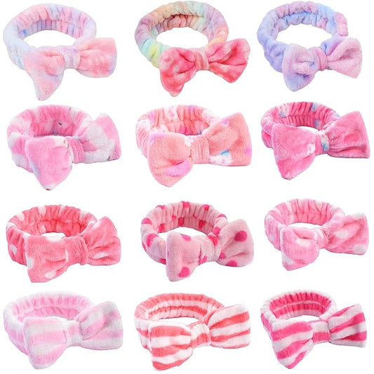 12pcs Spa Headband Soft Bowknot Spa Hair Band Coral Fleece Headband Makeup Headbands for Face Washing Skin Care Shower Yoga Headwraps for Women Girls (Pattern M)