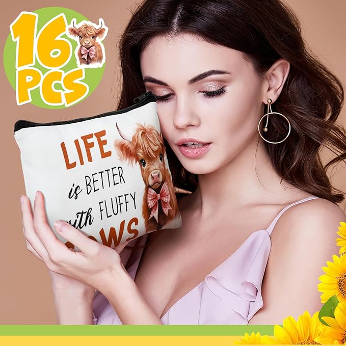 Pinkunn 16 Pcs Valentines Canvas Makeup Bags Bulk Inspirational Christian Women Religious Galentine Gifts Inspirational Bible Verse Pencil Pouch Makeup Bags with Zipper for Travel(Highland Cow)