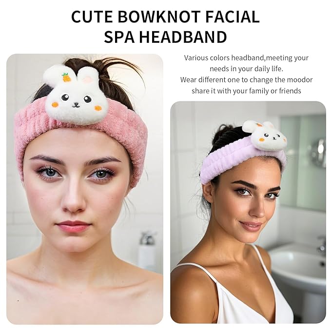 Kawaii Spa Headbands for Women Girls - 2 Pack Cute Bunny Soft Fleece Facial Headbands for Makeup, Skincare and Face Washing, Dark Pink+Purple Rabbit