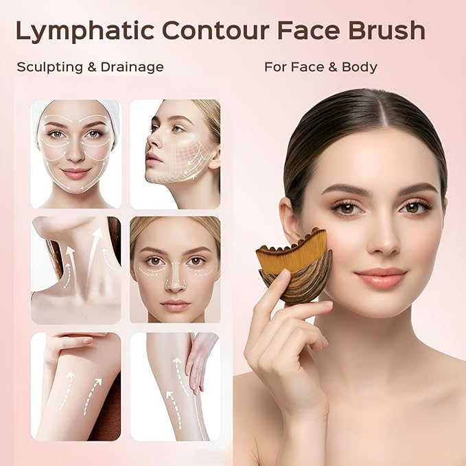 1PCS Lymphatic Contour Face Brush for Lymphatic Drainage Massager Tool for Face & Neck Lifting, Gua Sha Brush, Jawline Chin Sculpting, Dry Brushing, Curved Ergonomic Design(Brown, 1PCS)