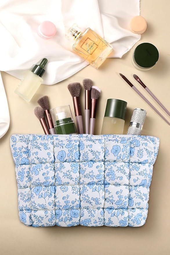 Puffy Quilted Makeup Bag, Cosmetic Bag, Travel Toiletry Organizer Pouch, Clutch for Women (Blue Floral)