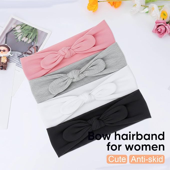 DRESHOW 4 Pack Headbands for Women Bow Knotted Hair Band Facial Cloth Rabbit Ears Running Sport Elastic Hair Wrap