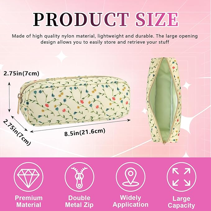 Nylon Floral Small Makeup Bag Slim Pouch, Cute Preppy Makeup Brush Bag Portable Make up Pouch with Zipper, Waterproof Travel Toiletry Bag Coin Purse Storage Organizer for Women Girls(Vine Flower)
