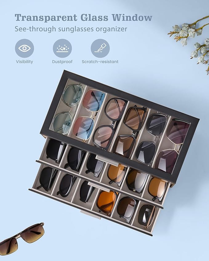 Lolalet Beige Sunglasses Storage Box for Women, Eyewear Eye Glass Organizer with Clear Top Lid Display Holder Case