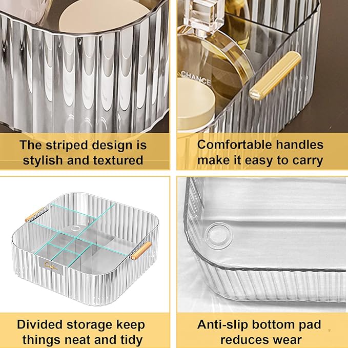 DASITON Acrylic Makeup Organizer,9 Slots Makeup Brush Holder,Makeup Storage with Handle,Vintage Striped Cosmetic Organizer for Desk Storage Container,Vanity,Bathroom(Clear)
