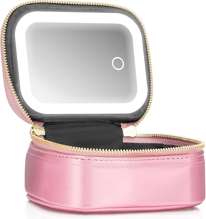 Mini Makeup Bag with Led Mirror,Small Travel Make up Bag 3 Light Modes Adjustable Brightness, for Women Organizer Cosmetic Bag, Portable Travel Train Toiletry Bag, for Pool Parties Work Touch-Ups