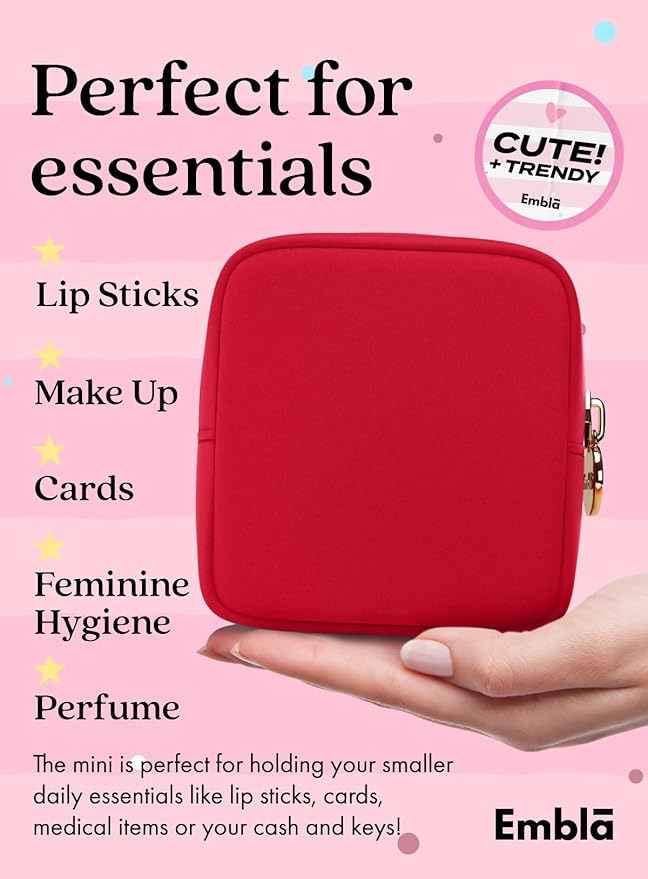 Embla Makeup Bag Travel Cosmetics Pouch and Toiletry Bag, Nylon Zipper Pouch Purse, Cute Make Up Organizer Storage Tote for Women Girls, Waterproof Travel Skincare Case, Small Makeup Bags, Ruby Red
