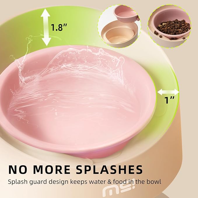 MS!MAKE SURE Cat Bowls, Adjustable Elevated Ceramic Cat Bowls with Anti-Slip Rubber Pad, Splash Guard, Lead & Cadmium Free, Whisker Friendly, for Puppies & Cats - 5.1" Wide, 295ML (10 oz), Pink