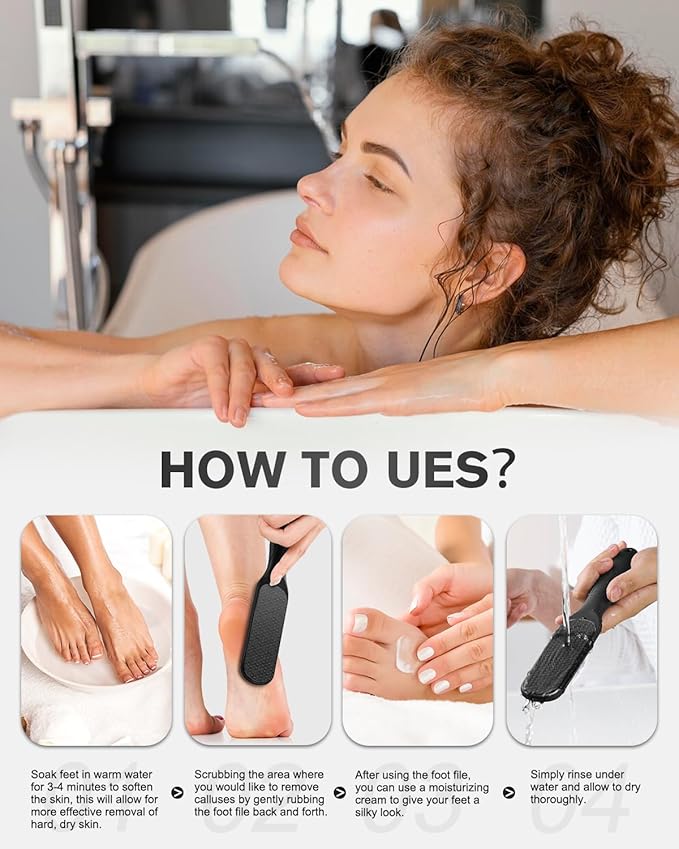 FERYES Dual-Sided Glass Foot File – Long Handle Foot Scrubber for Dead Skin, Cracked Heel Repair, Pedicure Tools for Callus Removal, Glass Pumice Stone Foot Scraper - Black
