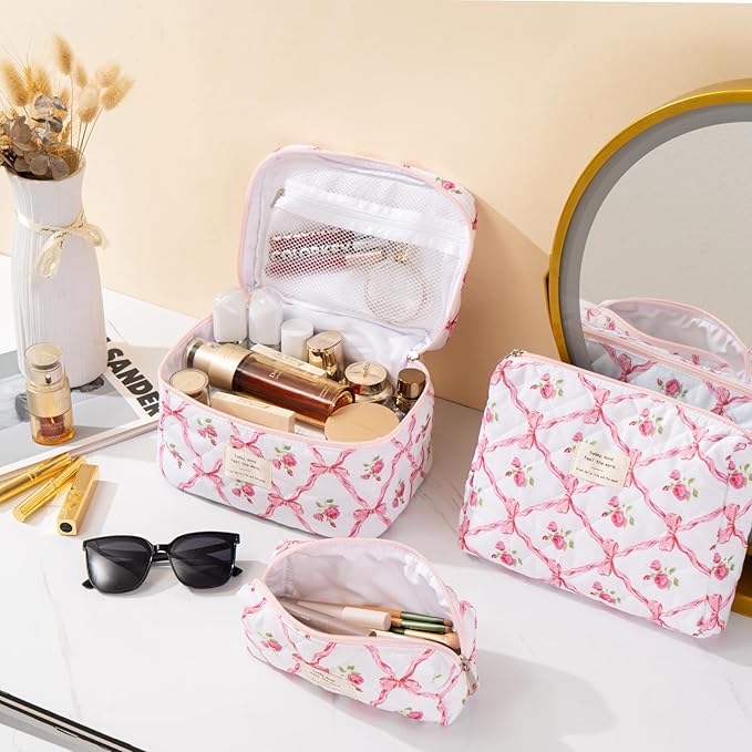 Makeup Bag for Women 3PCS Quilted Cotton Make Up Bag Travel Cosmetic Bag Large Makeup Bag Set Cute Bow Makeups Organizer Floral Toiletry Pouch for Purse, Pink