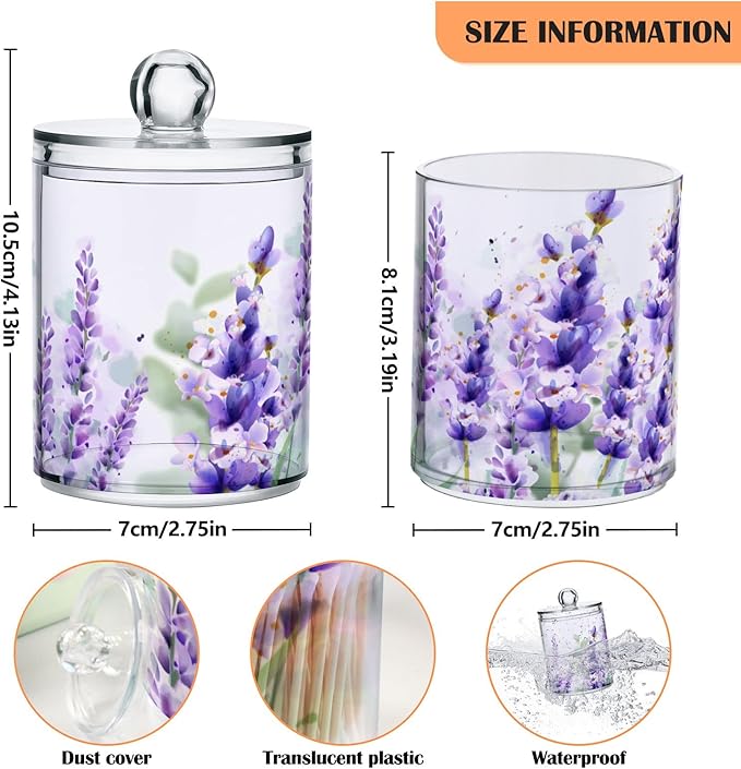 2 Pack Qtip Holder Dispenser Purple Lavender Storage Canister Bathroom Acrylic Plastic Apothecary Jars Vanity Organizer Lid for Cotton Swab/Ball/Pad
